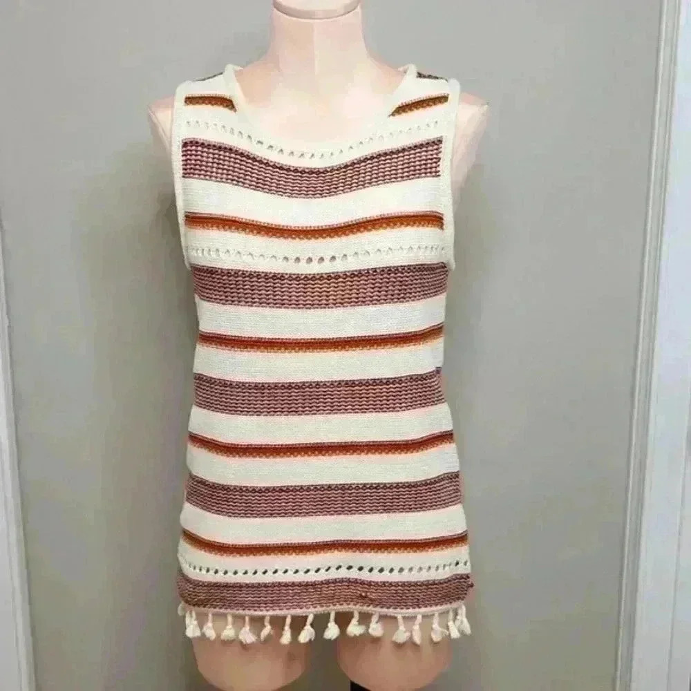 Alya Boho Striped Knit Tank w/ Tassels White/Orange Women's Size Medium‎